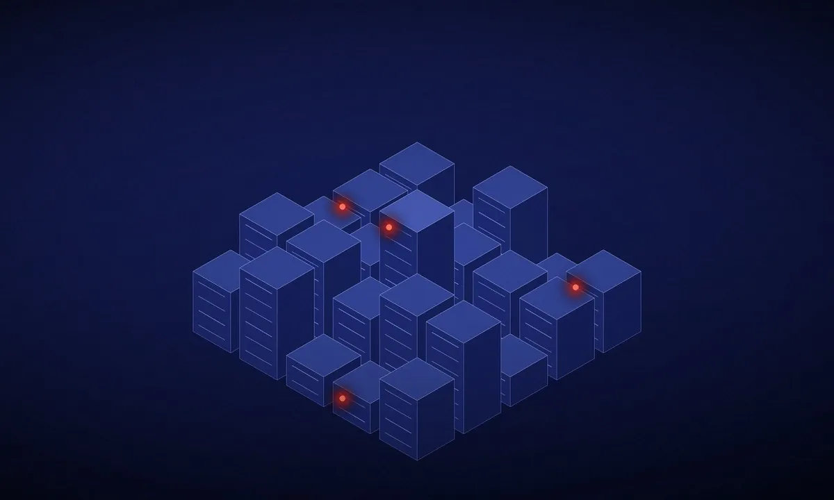 Isometric server blocks with red status lights
