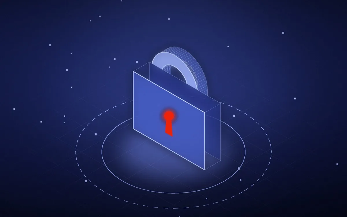Isometric padlock with a glowing red keyhole